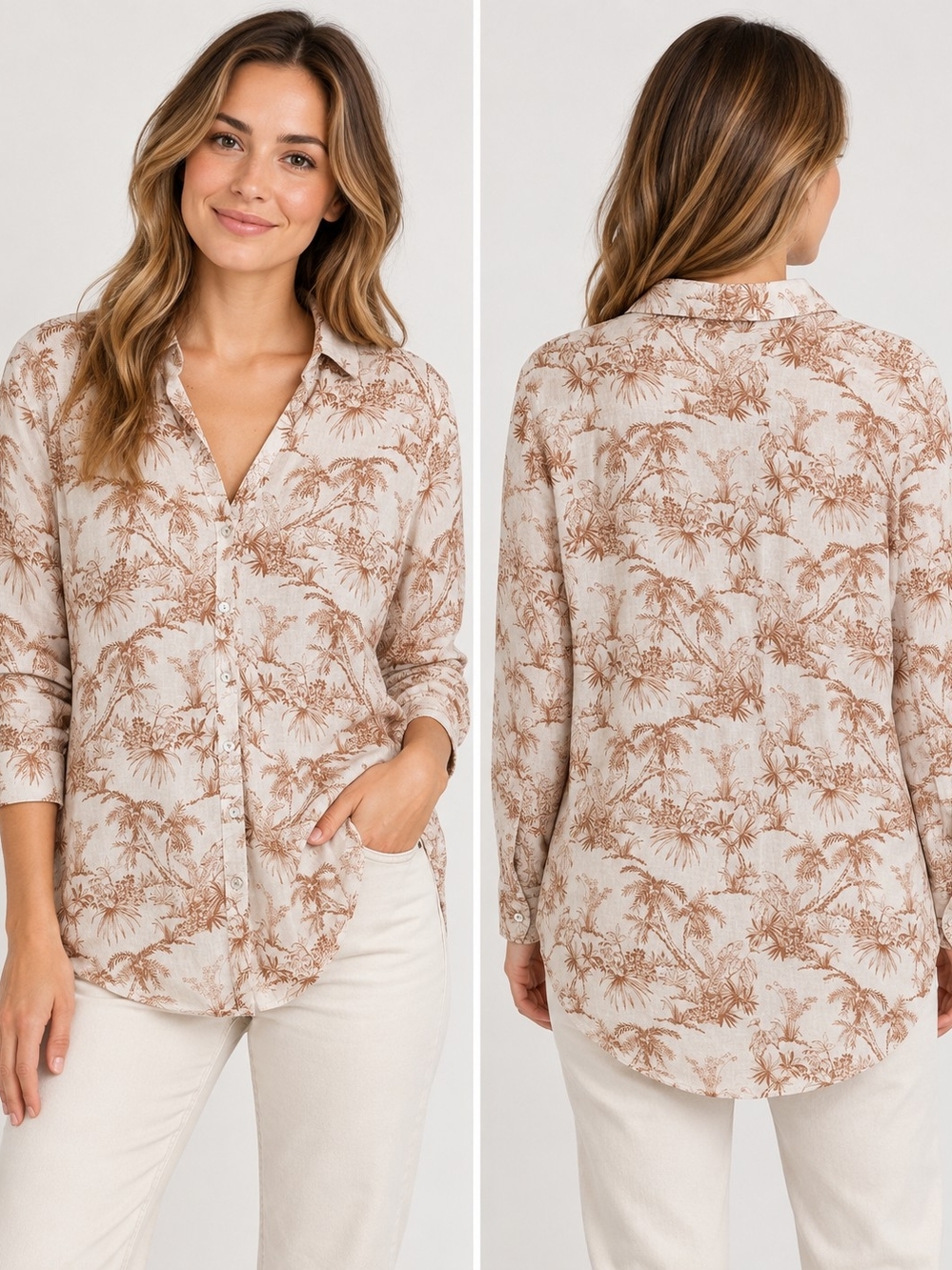 C&C California Cream Linen Button-Front Shirt with Brown Botanical Print